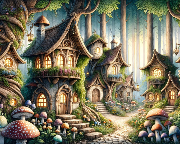 Whimsical Forest with Mushroom-Shaped Houses and Garden