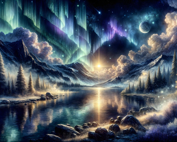 Serene lake and mountains under aurora borealis sky
