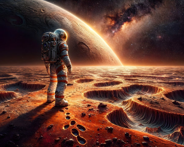 Astronaut Observing Alien Landscape and Twilight Sky