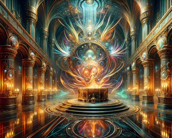 Opulent hall with intricate columns and cosmic altar