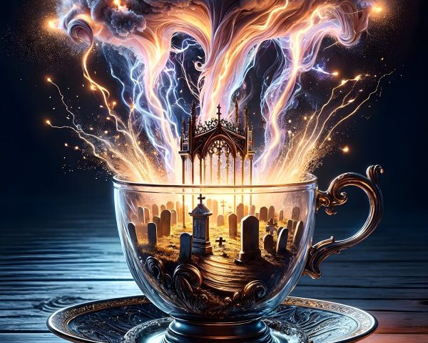 Ornate teacup with swirling light and mystical scene