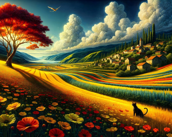 Vibrant Landscape with Red Tree and Black Cat