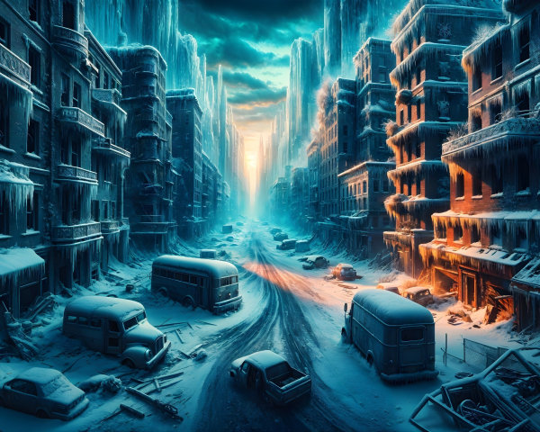 Desolate Urban Landscape in Ice and Snow