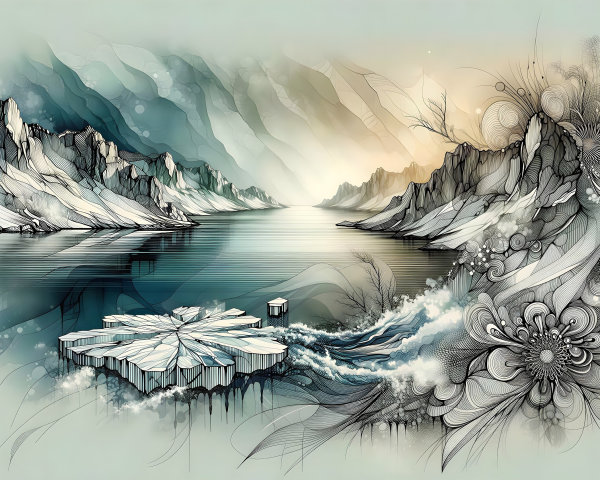 Digital Painting of a Frozen Lake and Mountains