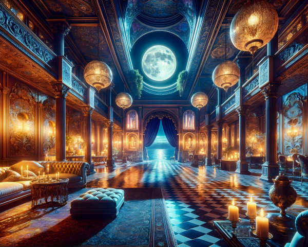 Luxurious Hall with Ornate Decor and Moonlit Views