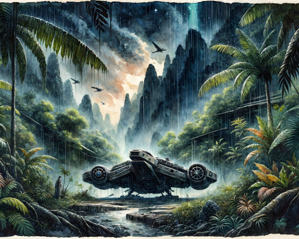 Futuristic spacecraft in a dense jungle setting