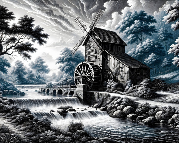 Black-and-white landscape with windmill and river