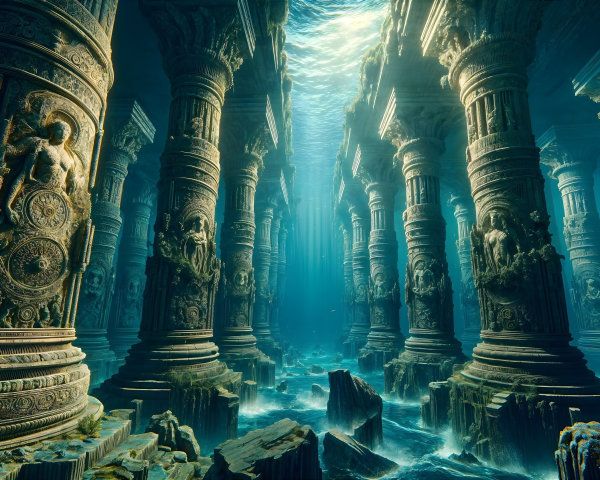 Underwater Scene with Carved Pillars and Ancient Ruins