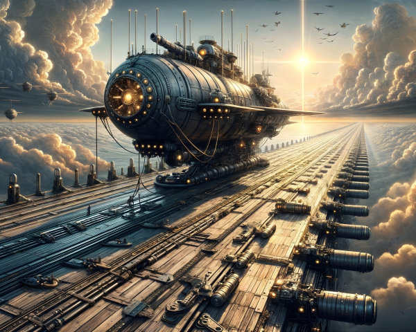 Steampunk Airship Docked on Futuristic Cloud Platform