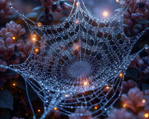 Delicate Spider Web with Dew Among Pink Flowers