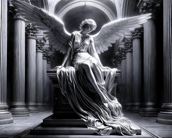 White Marble Angel Statue with Detailed Wings