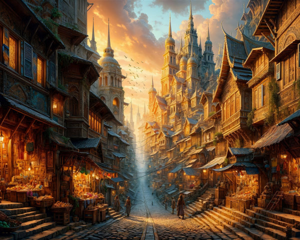 Fantastical Market Street with Vibrant Stalls and Spires