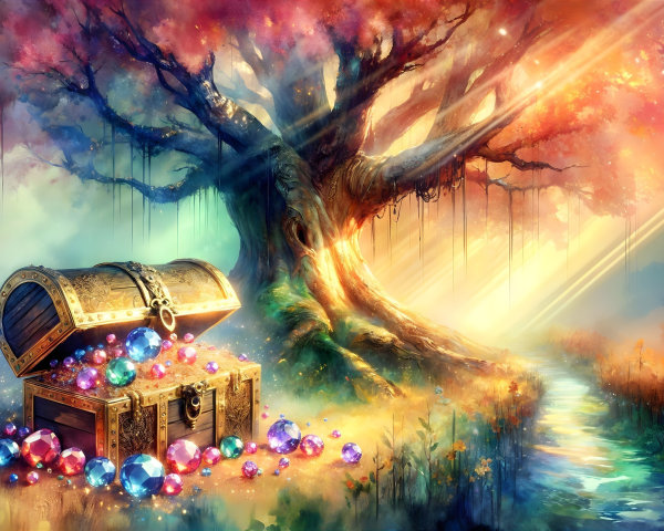 Ancient Tree with Colorful Leaves and Treasure Chest