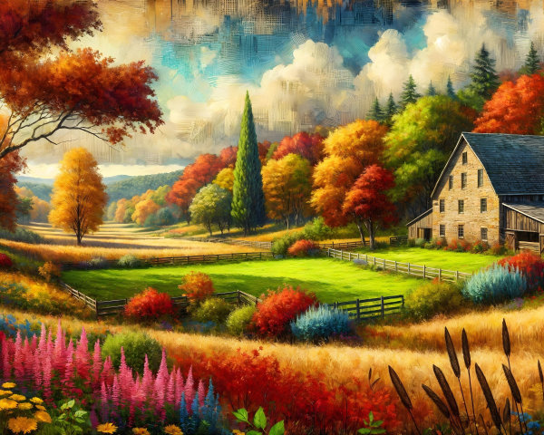 Autumn Landscape with Farmhouse and Colorful Foliage
