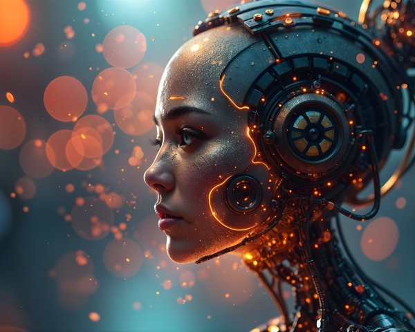 Futuristic Cyborg with Metallic Head and Bokeh Background