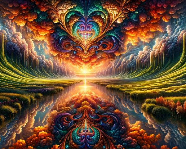 Surreal Landscape with Fiery Sunset and Serene Lake