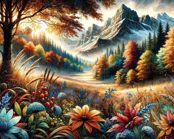 Vibrant Valley Landscape with Majestic Mountains