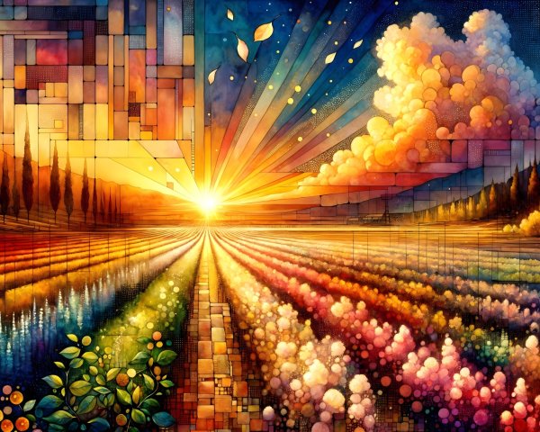 Vibrant Landscape of Blooming Flowers at Sunset