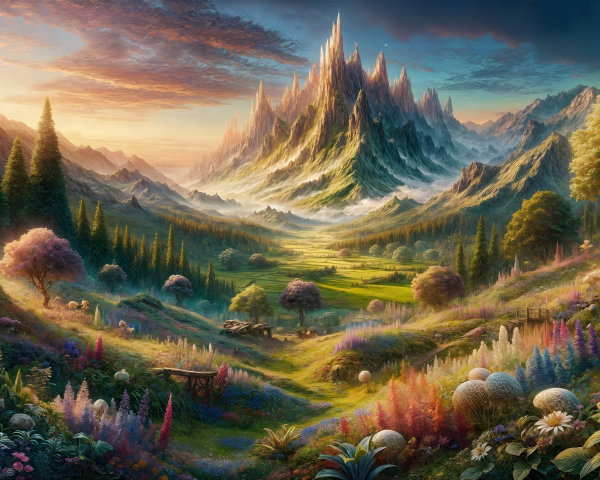 Majestic Fantasy Landscape with Crystal Peaks and Valleys
