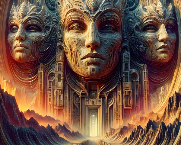 Surreal Landscape with Ornate Faces and Mountains