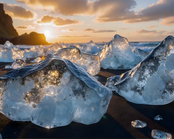 Beach Sunset with Ice Formations on Black Sand Shore