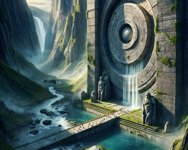 Ancient Stone Gate in Lush Valley with Waterfalls