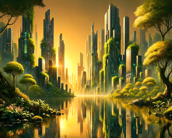 Futuristic Cityscape by Tranquil River at Sunset