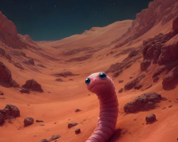 Surreal Martian Landscape with Whimsical Pink Worm