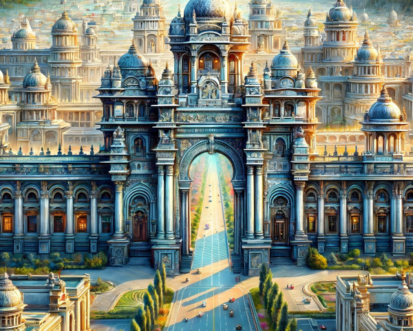 Grand Architectural Structure with Lush Greenery and Cityscape