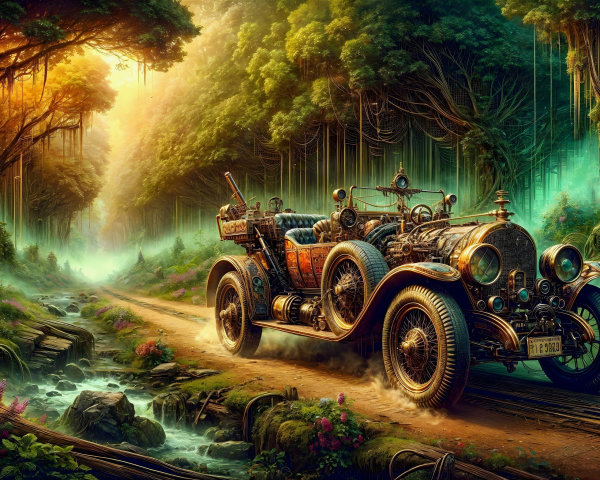 Ornate vintage car on a serene forest path