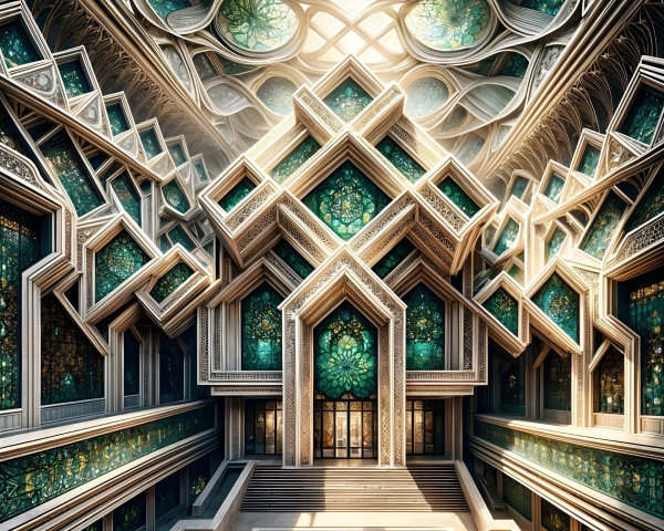 Intricate Architectural Interior with Stained Glass and Patterns