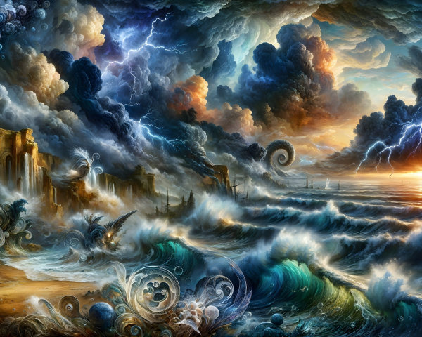 Dramatic Seascape with Stormy Sky and Ancient Ruins