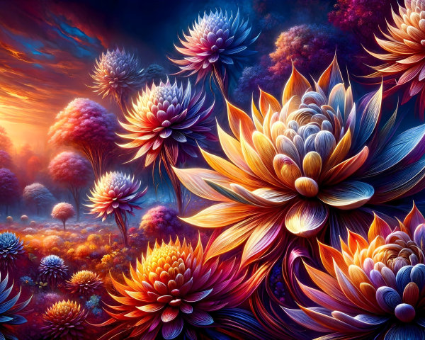Vibrant Landscape with Oversized Radiant Flowers