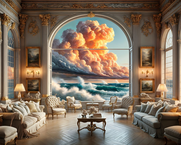 Luxurious Living Room with Seascape Views and Elegance