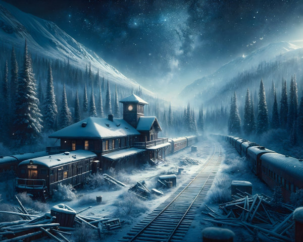 Winter Landscape with Train Station and Snowy Valley