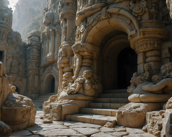 Ancient Stone Structure with Intricate Carvings and Statues