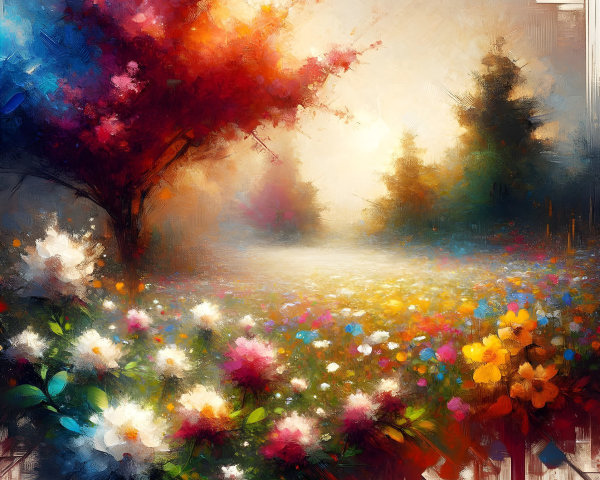 Vibrant landscape with colorful flowers and autumn trees