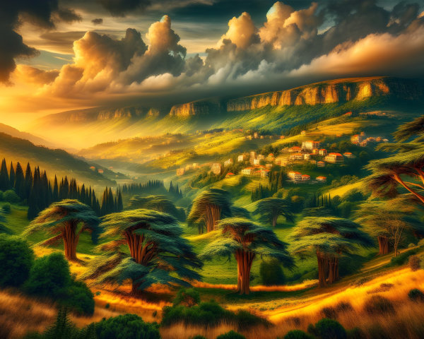 Sunset Landscape with Hills, Trees, and Village