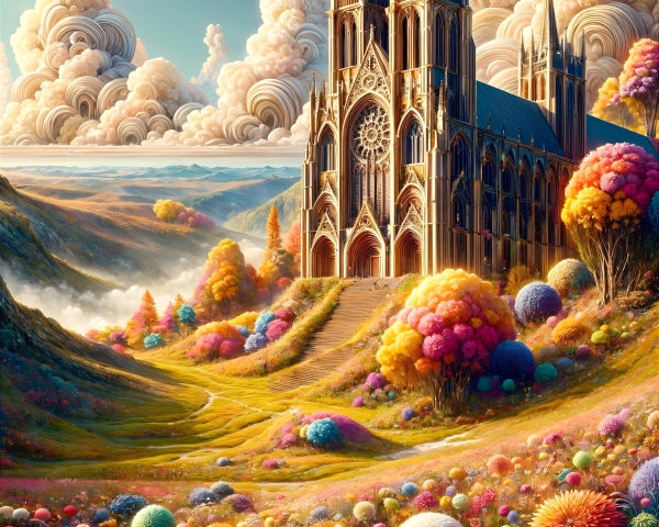 Gothic Cathedral Surrounded by Colorful Flowers