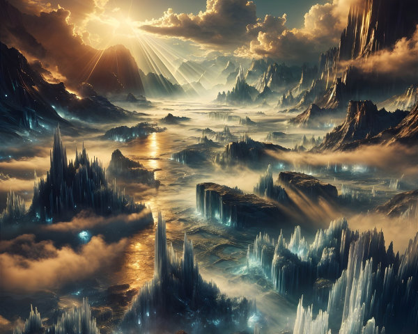 Sunrise Landscape with Crystalline Formations and Mist