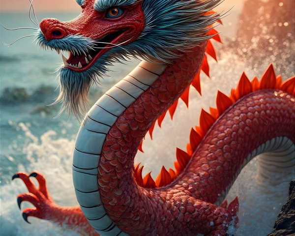 Majestic red dragon emerging from ocean waves at sunset