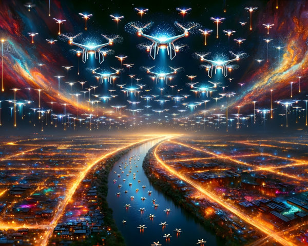 Futuristic cityscape at dusk with glowing drones