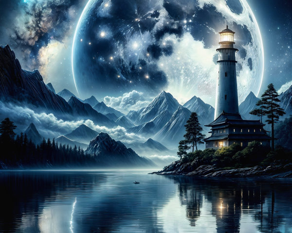 Lighthouse at Night with Moonlit Lake and Mountains