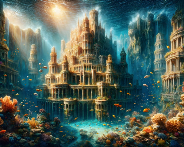 Underwater Cityscape with Ruins and Coral Reefs