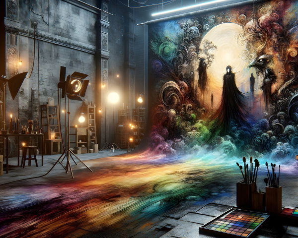 Vibrant Artist's Studio with Mystical Mural and Tools