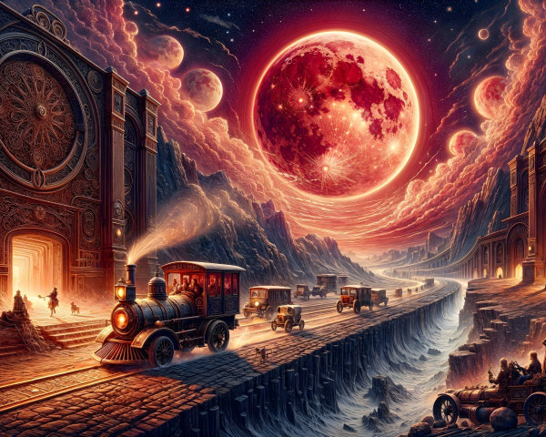 Surreal Landscape with Vintage Train and Red Moon