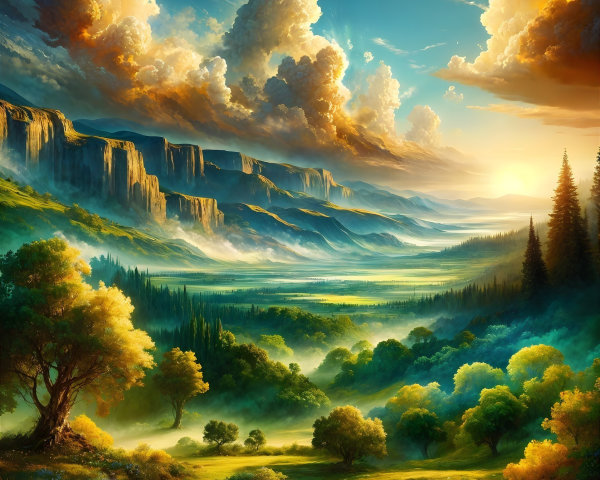 Sunset Landscape with Hills, Cliffs, and River