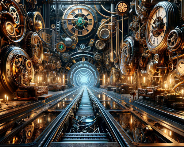 Futuristic chamber with gears, clocks, and glowing portal