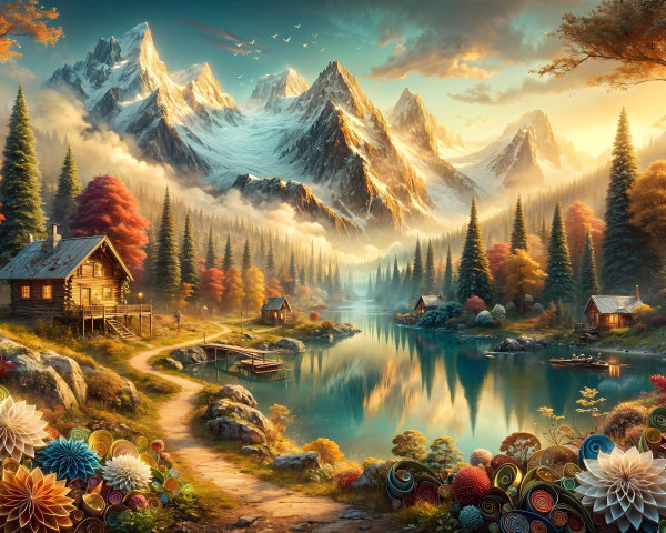 Serene landscape with snow-capped mountains and lake