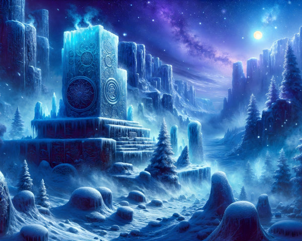 Mystical Winter Landscape with Icy Monoliths and Moonlight